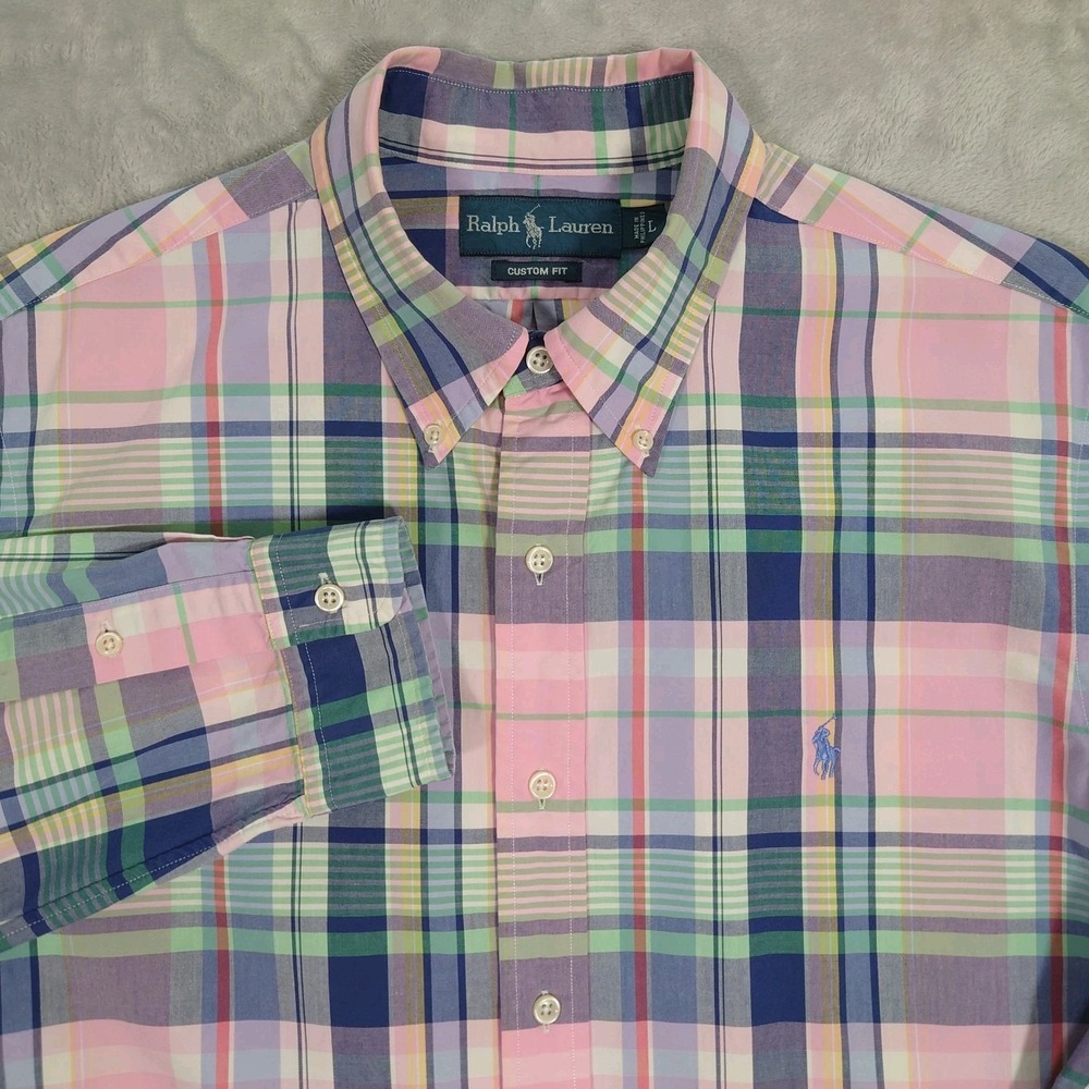 VTG Polo Ralph Lauren Custom Fit Shirt Mens L Pink Plaid Long Sleeve Button Up